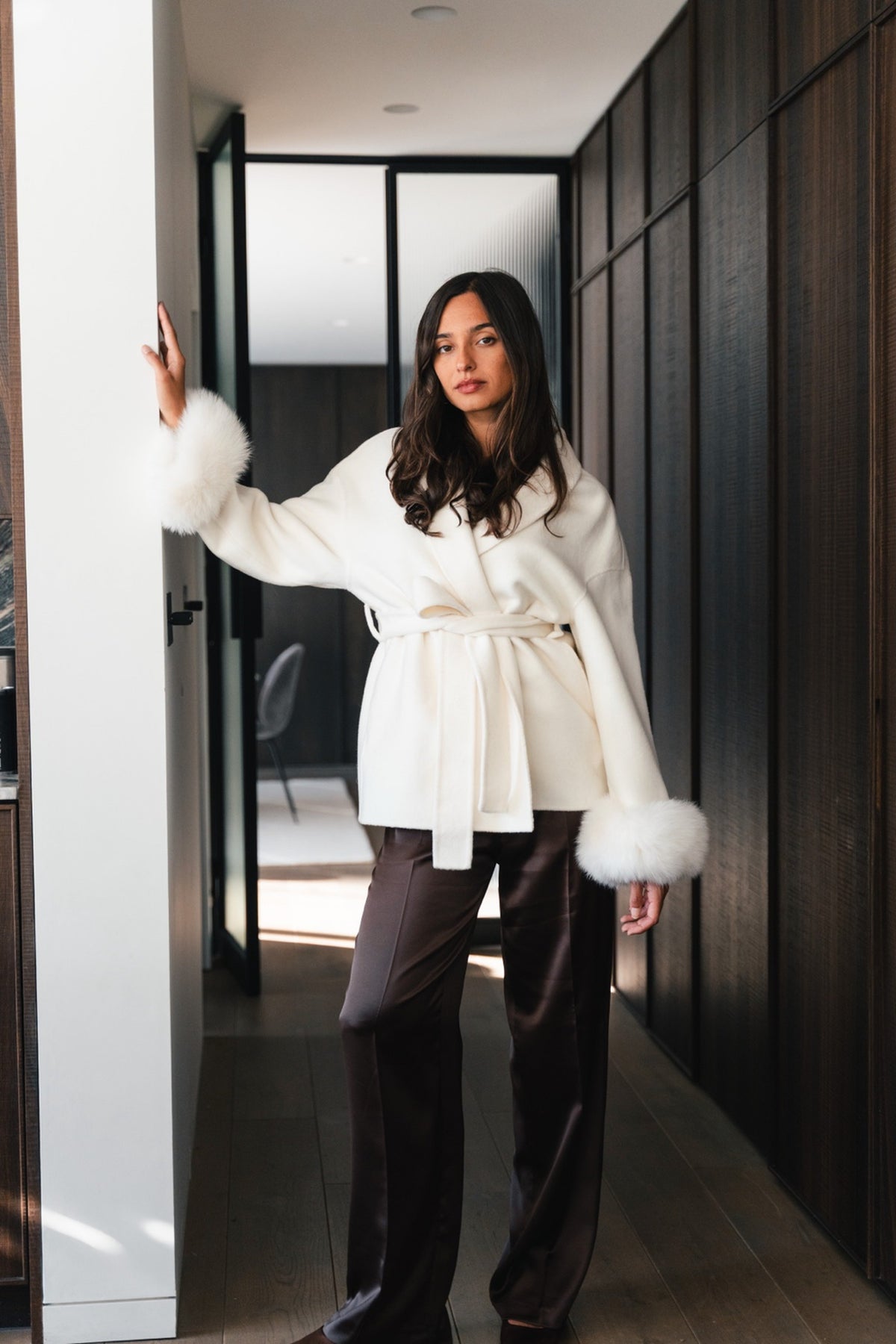 Diana Tricot Faux Fur Cuff Belted Coat