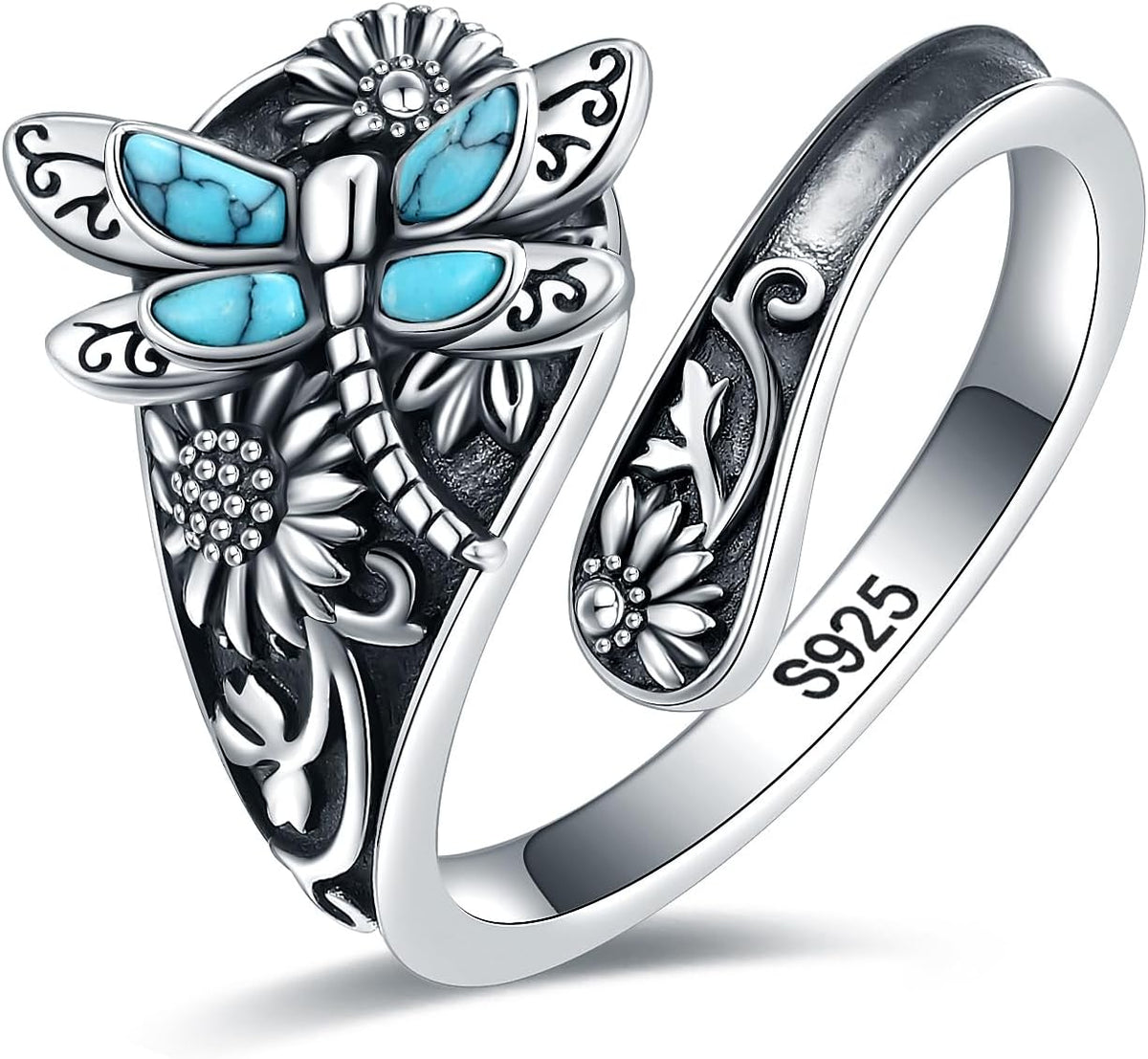 Sterling Silver Turquoise Spoon Ring – Vintage Boho Wrap Ring with Dragonfly