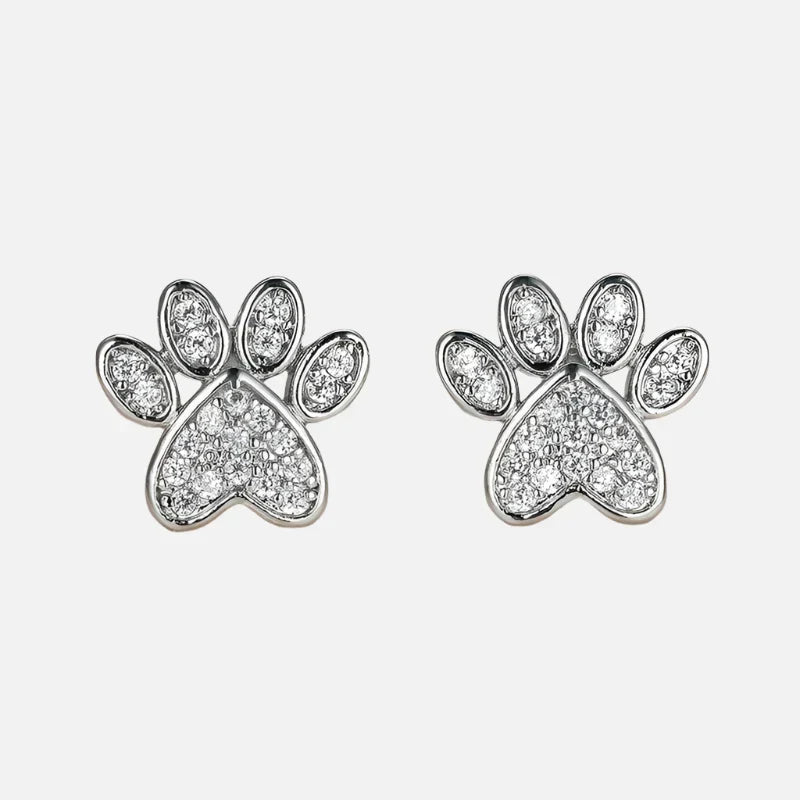 White Zirconia Paw Studs – Heart-Shaped Design