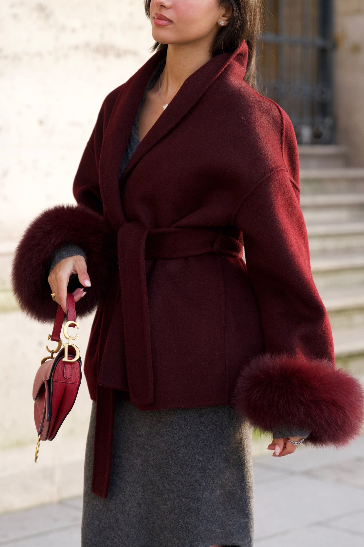 Diana Tricot Faux Fur Cuff Belted Coat