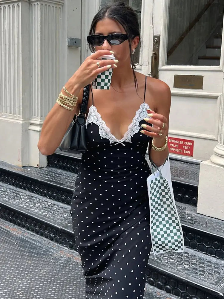 Kendall Lace Trim Polka Dot Maxi Dress