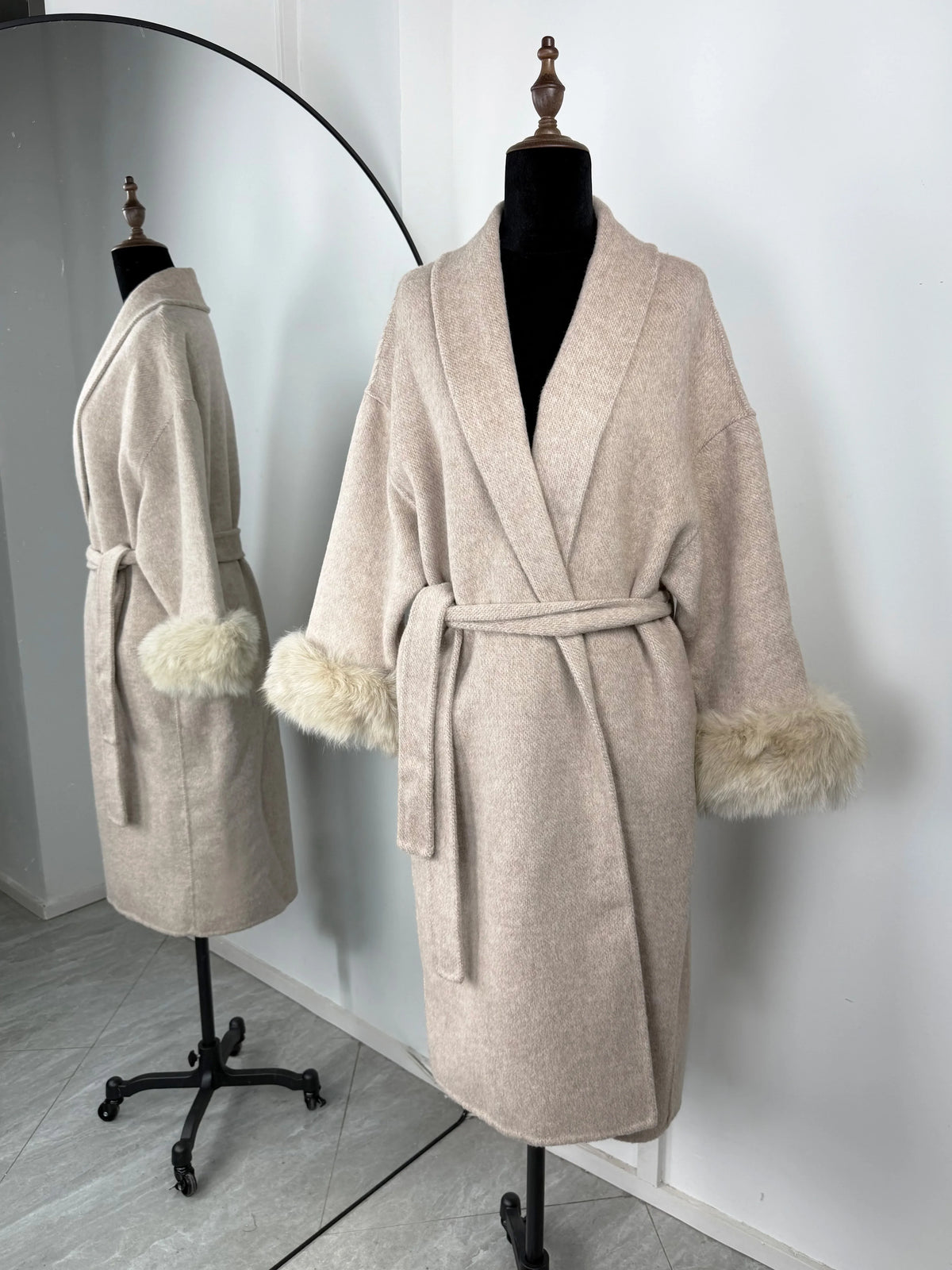 Diana Tricot Faux Fur Cuff Belted Coat