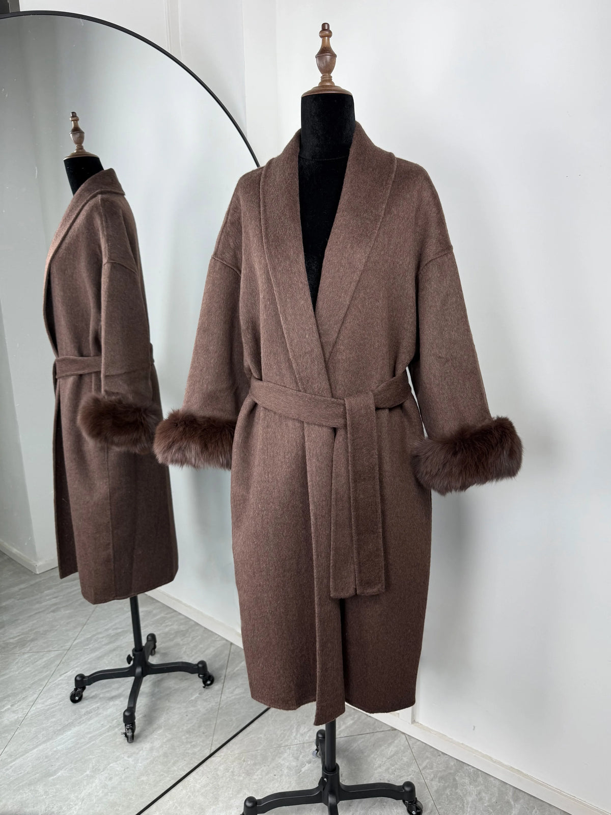 Diana Tricot Faux Fur Cuff Belted Coat