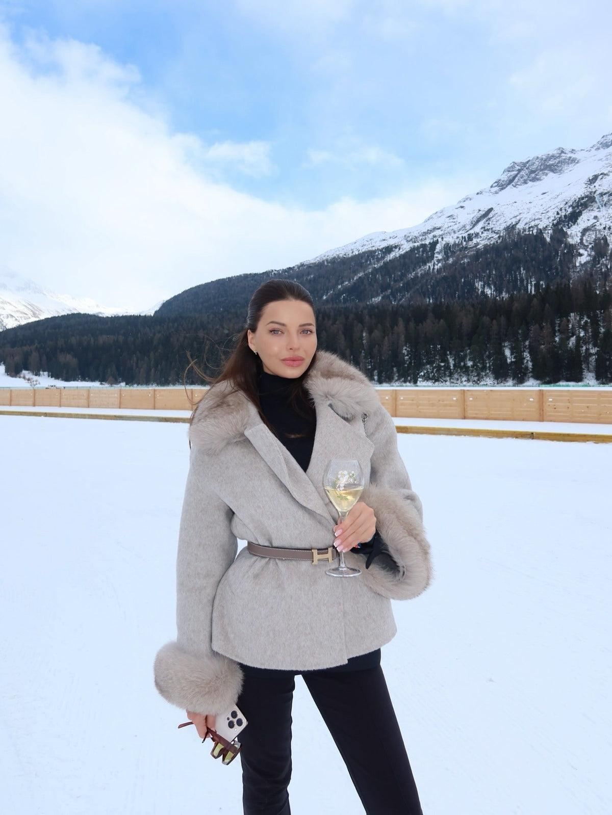 Diana Tricot Faux Fur Cuff Belted Coat
