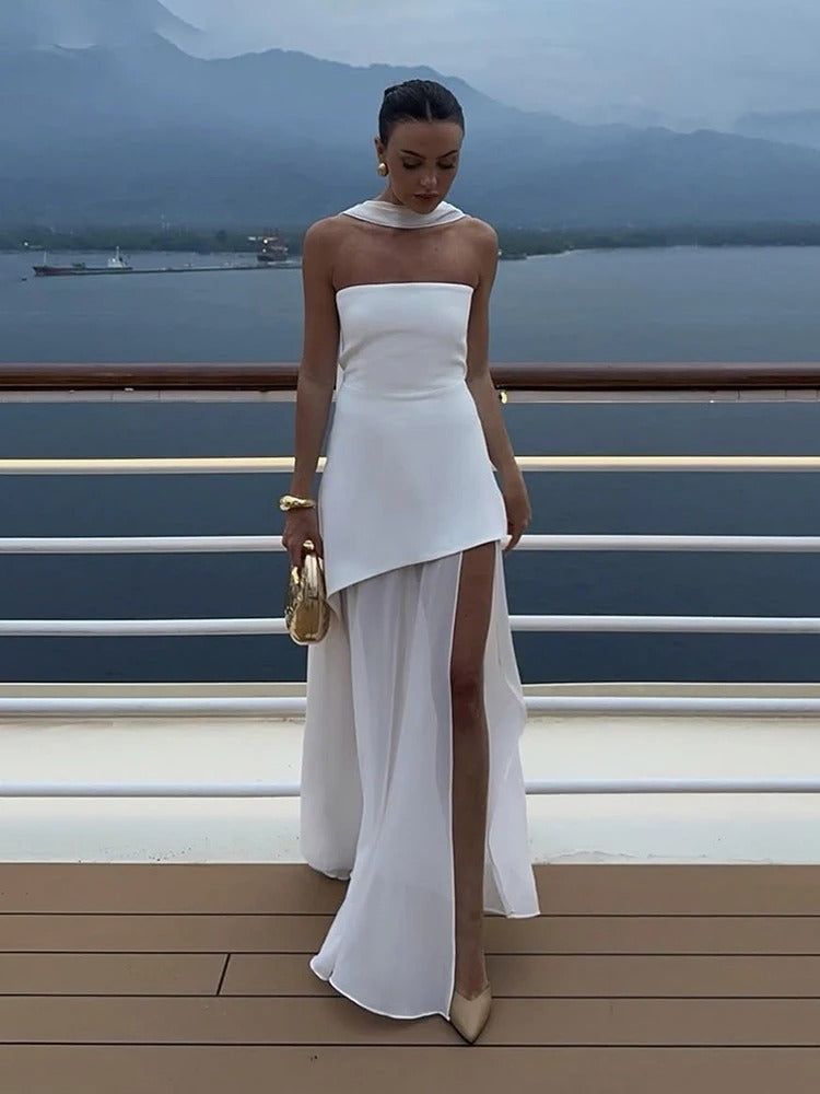 Delilah Asymmetric Sheer Maxi Dress with Scarf