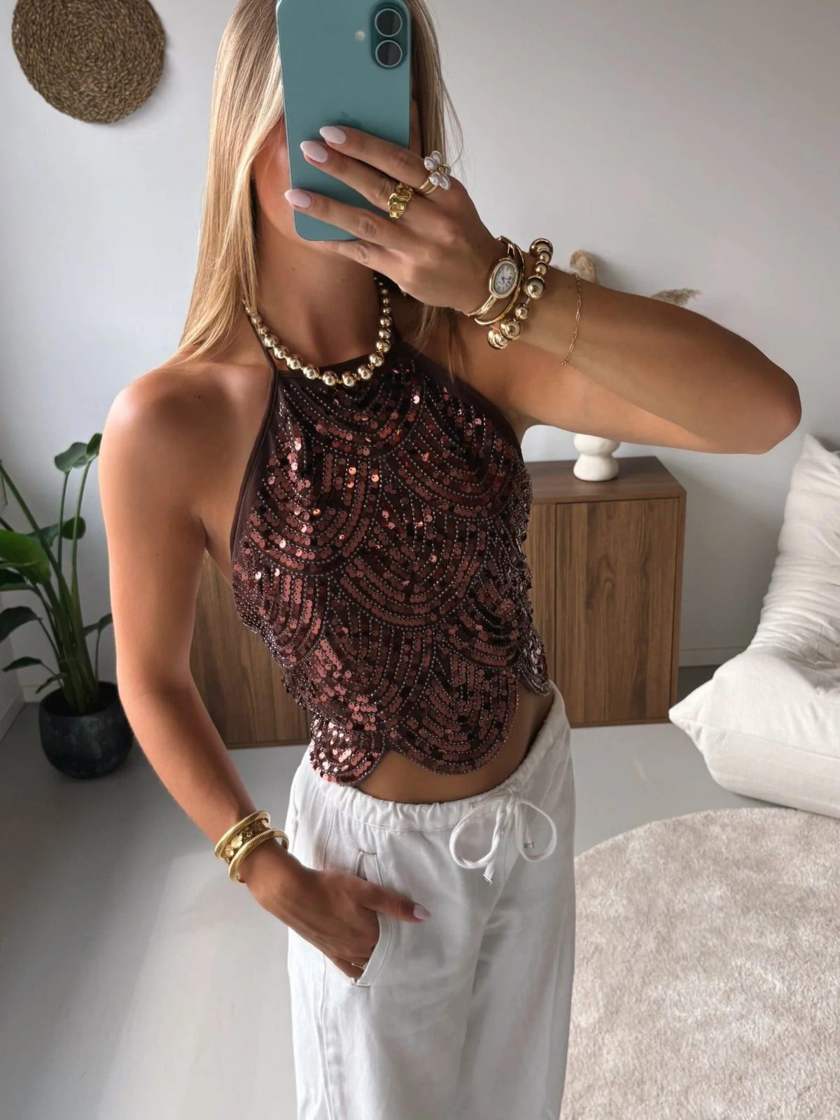 Mach & Aliza Sequin Halter Top
