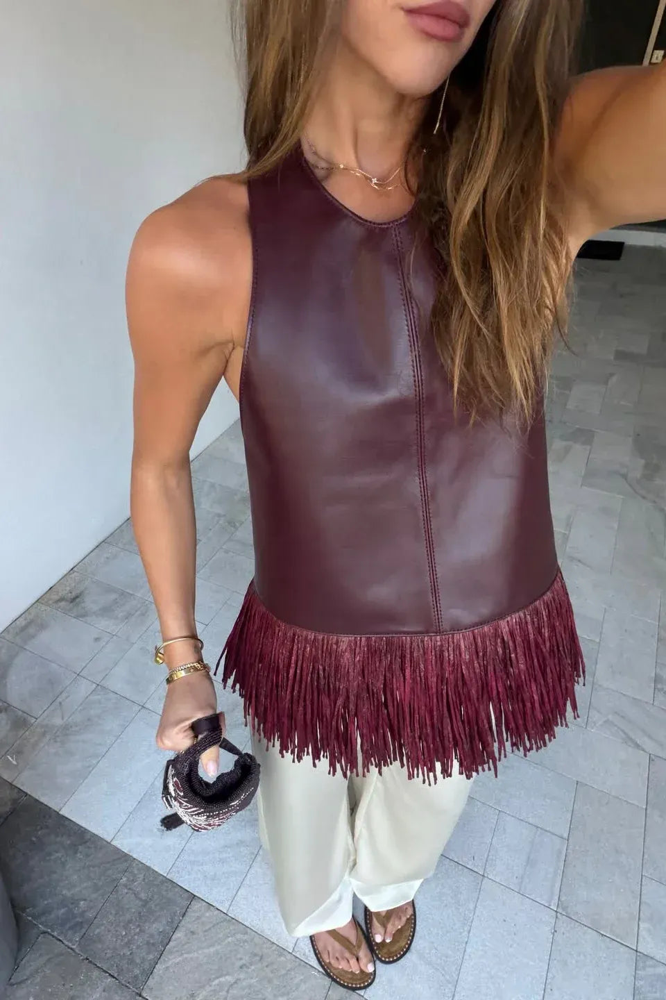 Delphine Faux Leather Fringe Halter Top