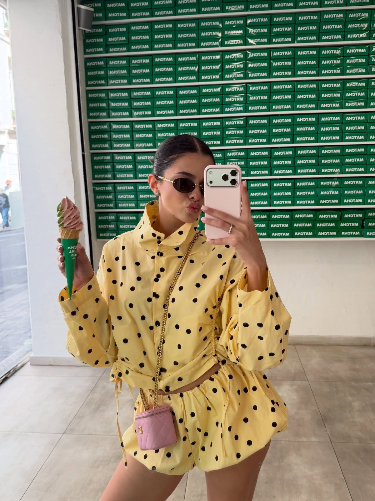 Butter Yellow Polka Dot Jacket & Bubble Shorts Set