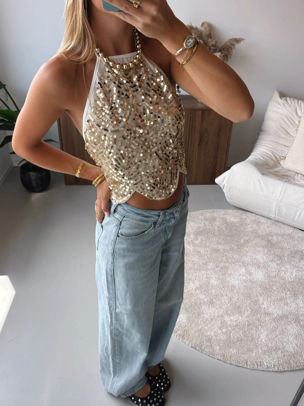 Mach & Aliza Sequin Halter Top