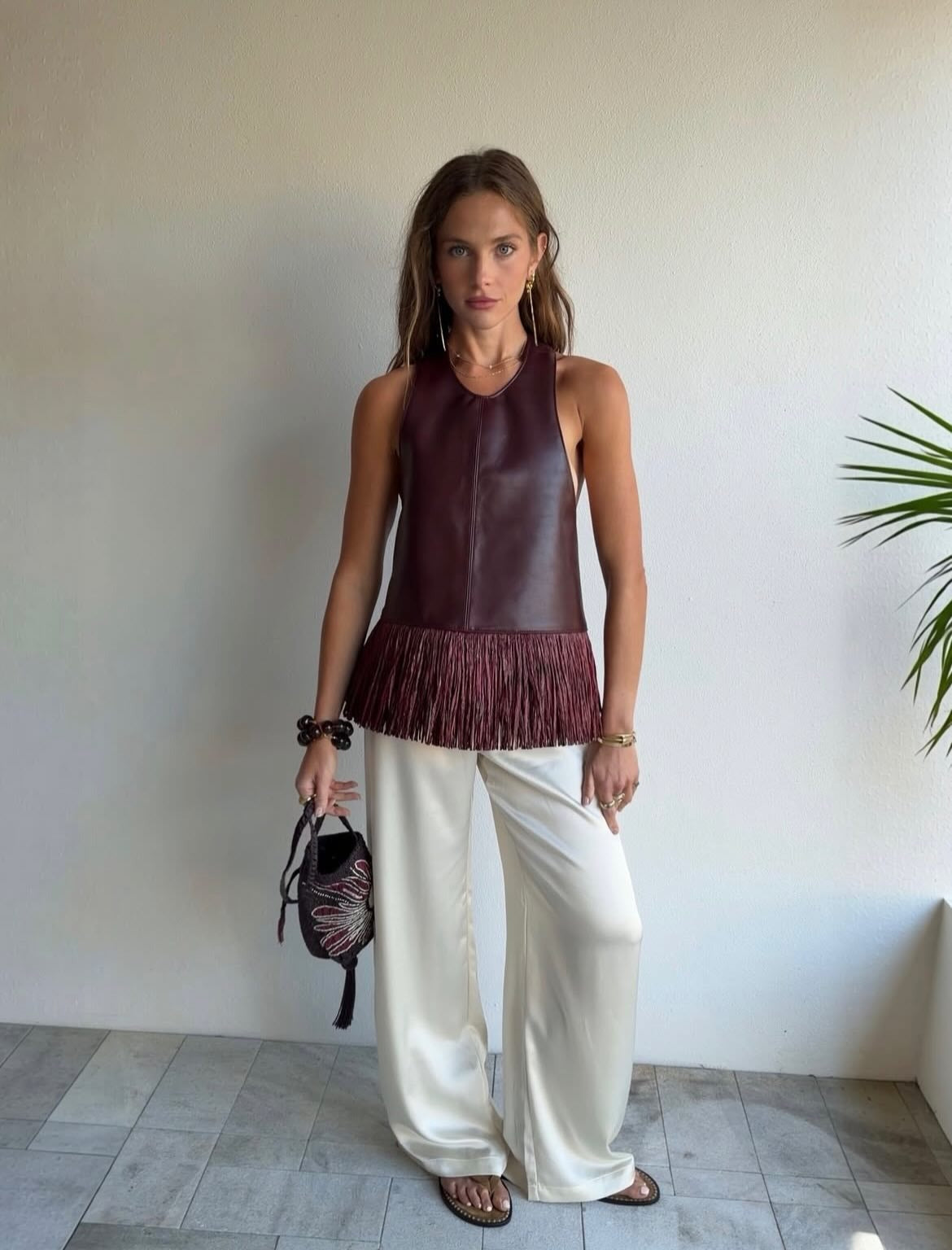 Delphine Faux Leather Fringe Halter Top