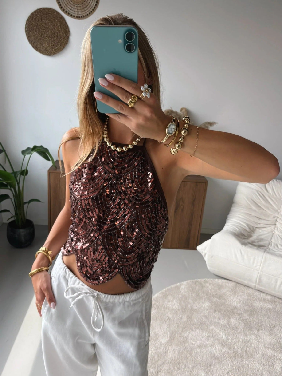 Mach & Aliza Sequin Halter Top