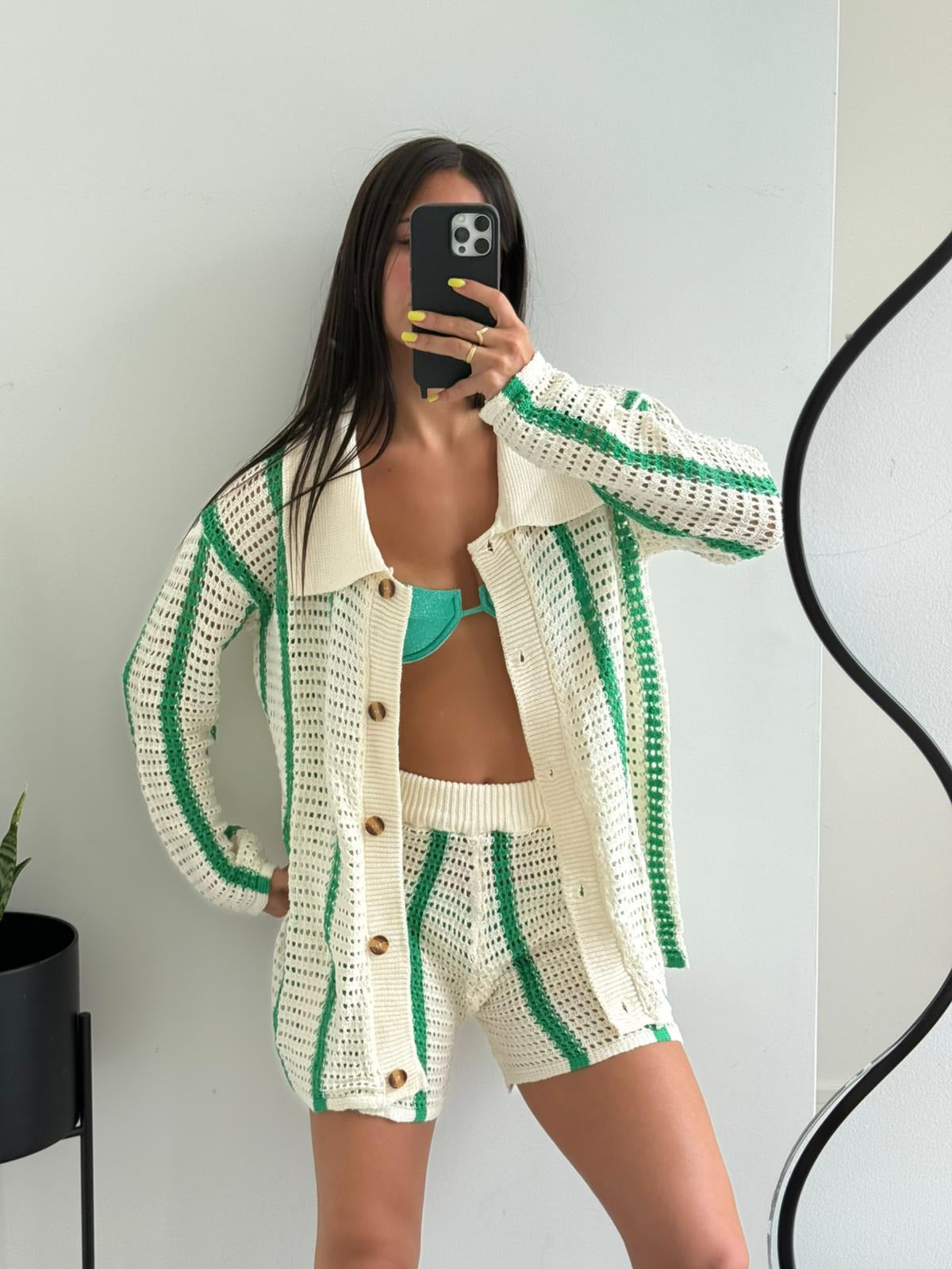Camara Green Striped Crochet Shirt & Shorts Set