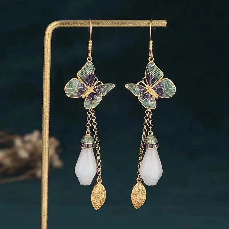 Vintage Gold & Green Butterfly Pearl Drop Earrings