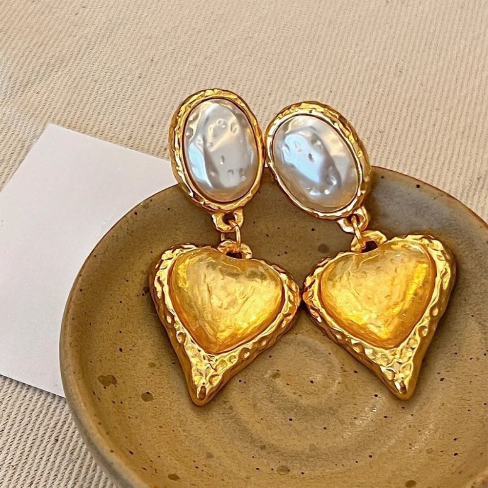Vintage Pearl & Gold Heart Design Earrings