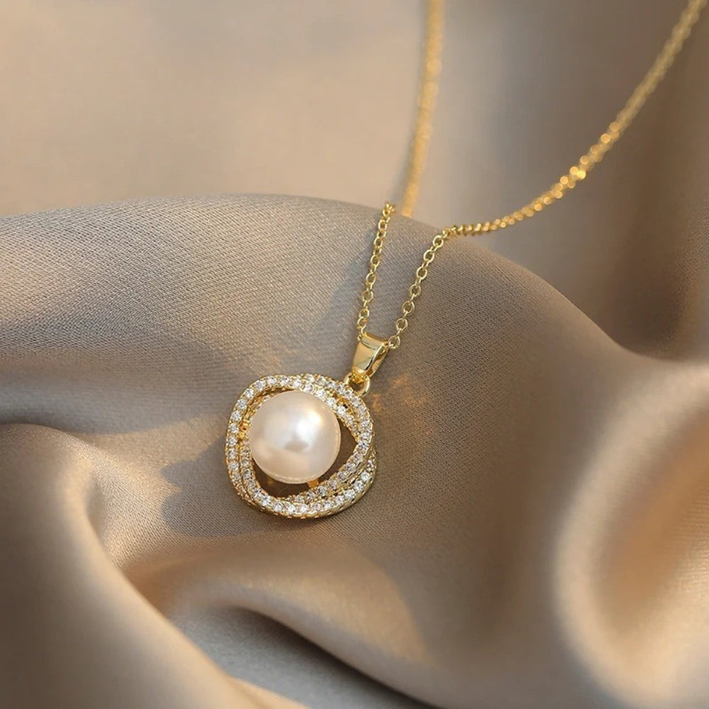 Gold Twisted Circle Pearl Pendant Necklace