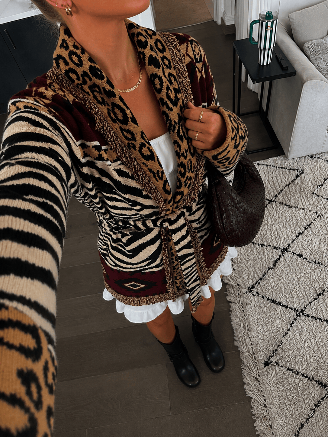 Vintage Century Mixed-Print Fringe Cardigan Coat