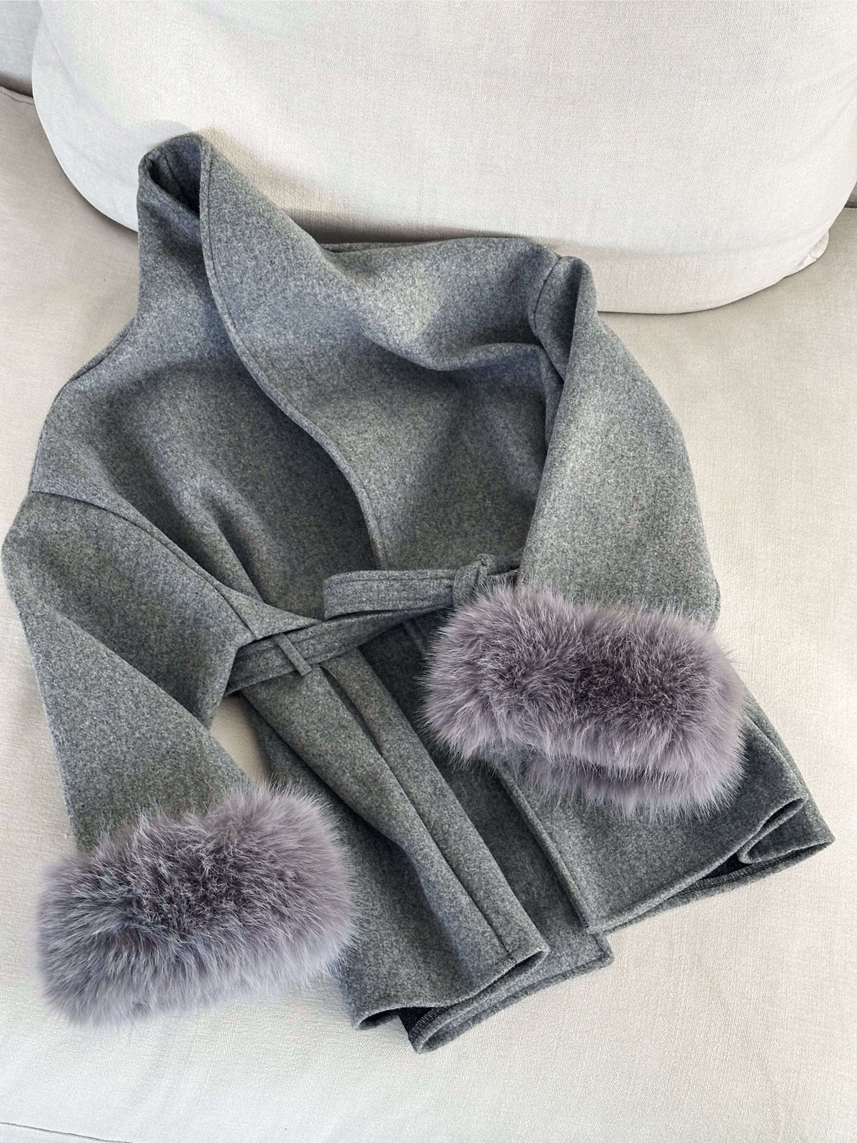 Diana Tricot Faux Fur Cuff Belted Coat