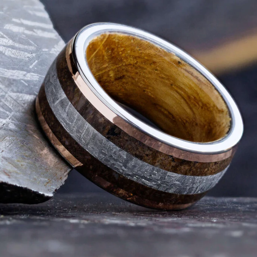 Rustic Barrel Wood Inlay Men's Ring