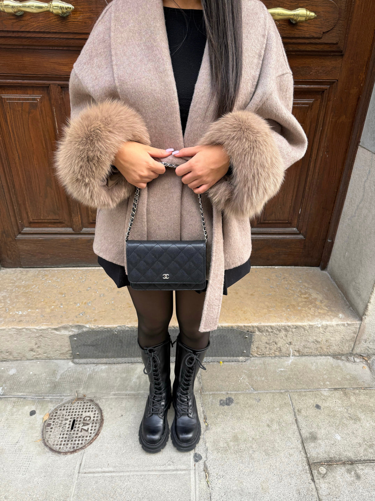 Diana Tricot Faux Fur Cuff Belted Coat