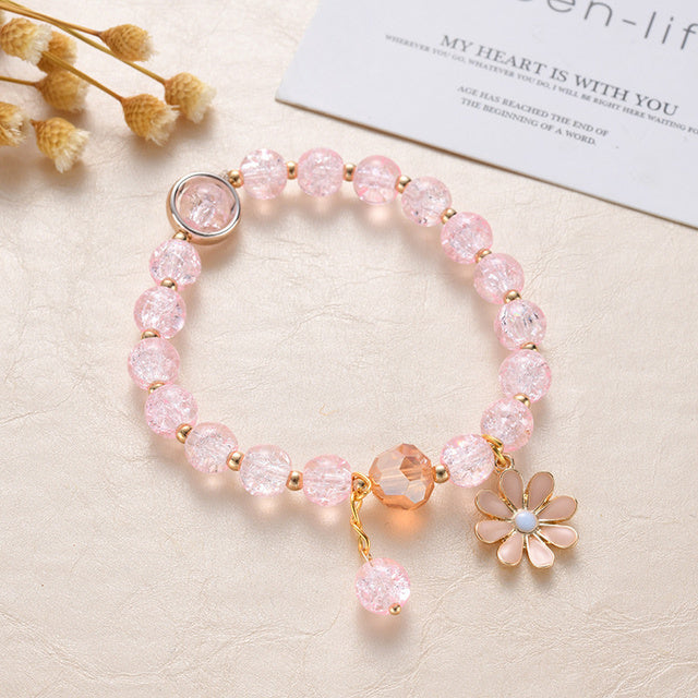 Rose Stones and Daisy Flower Bracelet in Gold