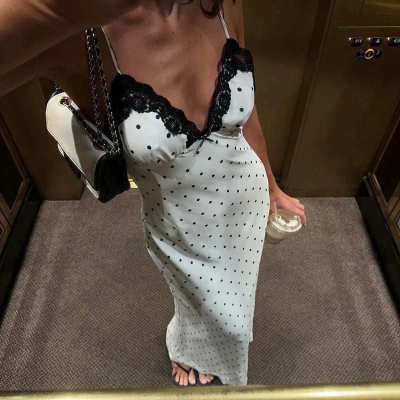 Kendall Lace Trim Polka Dot Maxi Dress