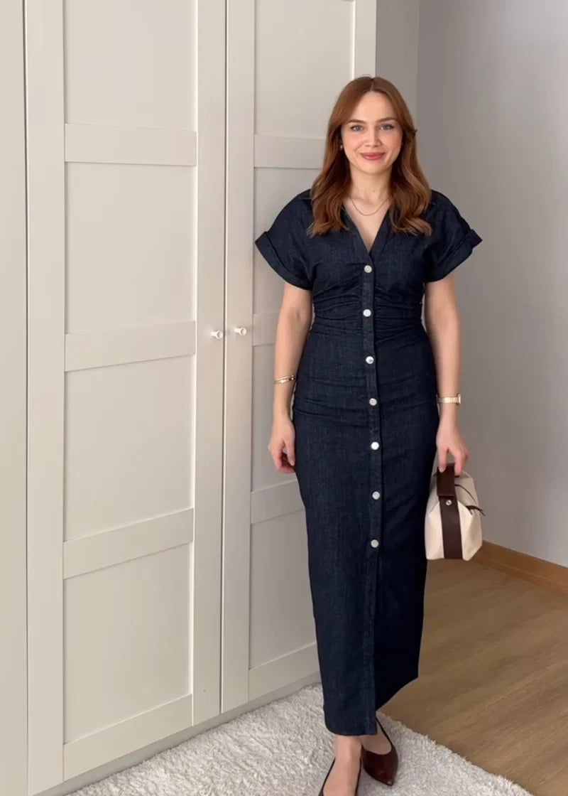 Diana Tricot Snatched Waist Denim Midi Dress