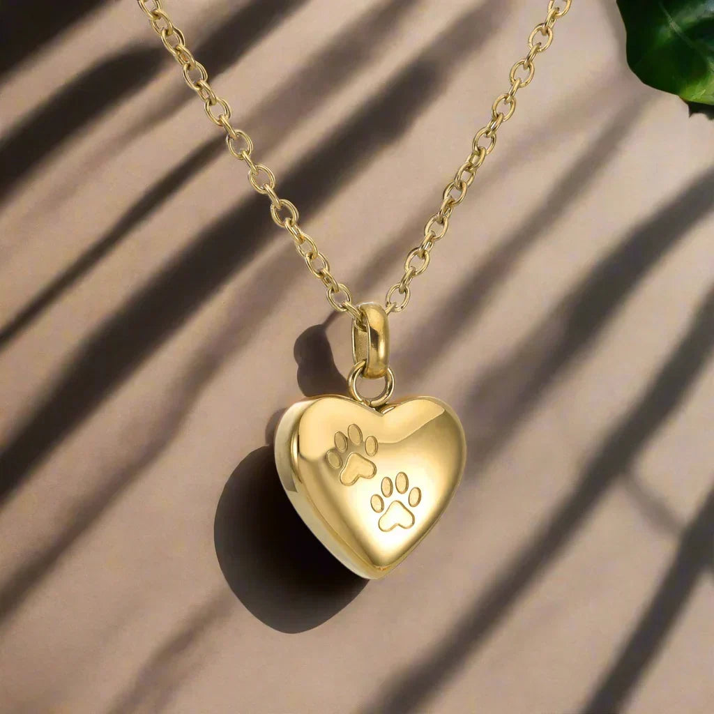 Pet Memorial Urn Necklace – Heart-Shaped Pendant with Paw Engraving