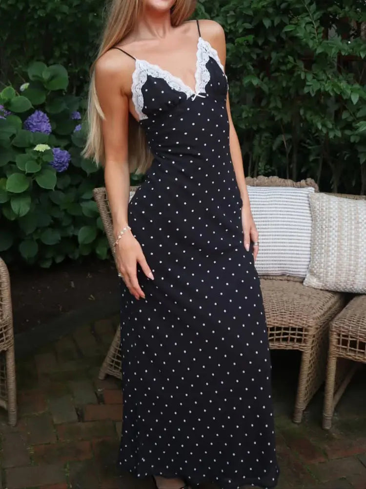 Kendall Lace Trim Polka Dot Maxi Dress