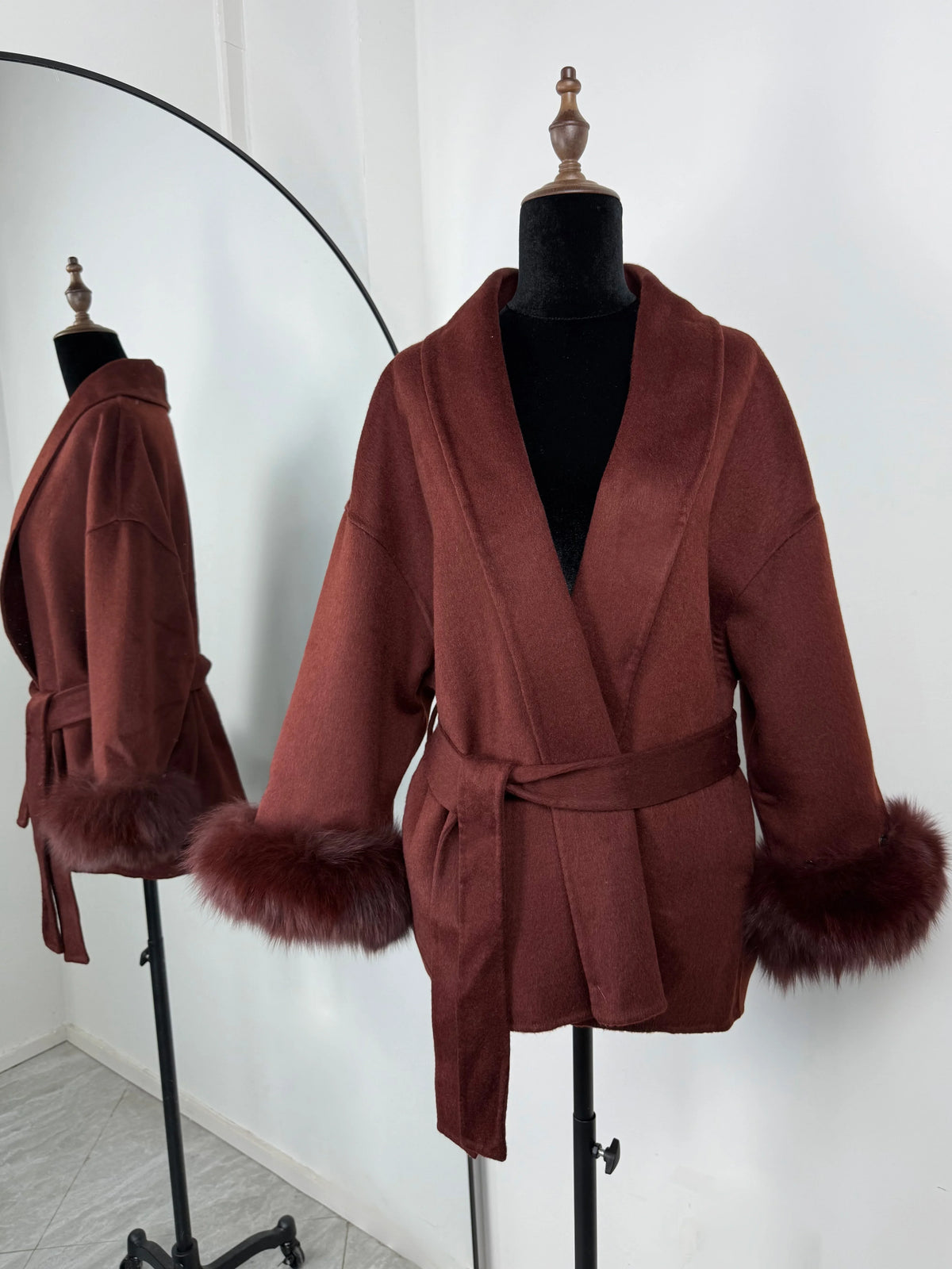 Diana Tricot Faux Fur Cuff Belted Coat