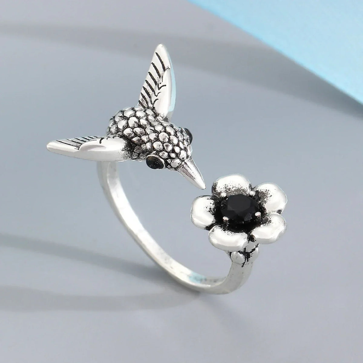 Hummingbird & Flower Ring – Adjustable Open Bird Ring for Women