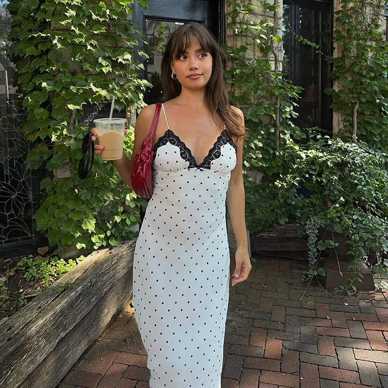 Kendall Lace Trim Polka Dot Maxi Dress