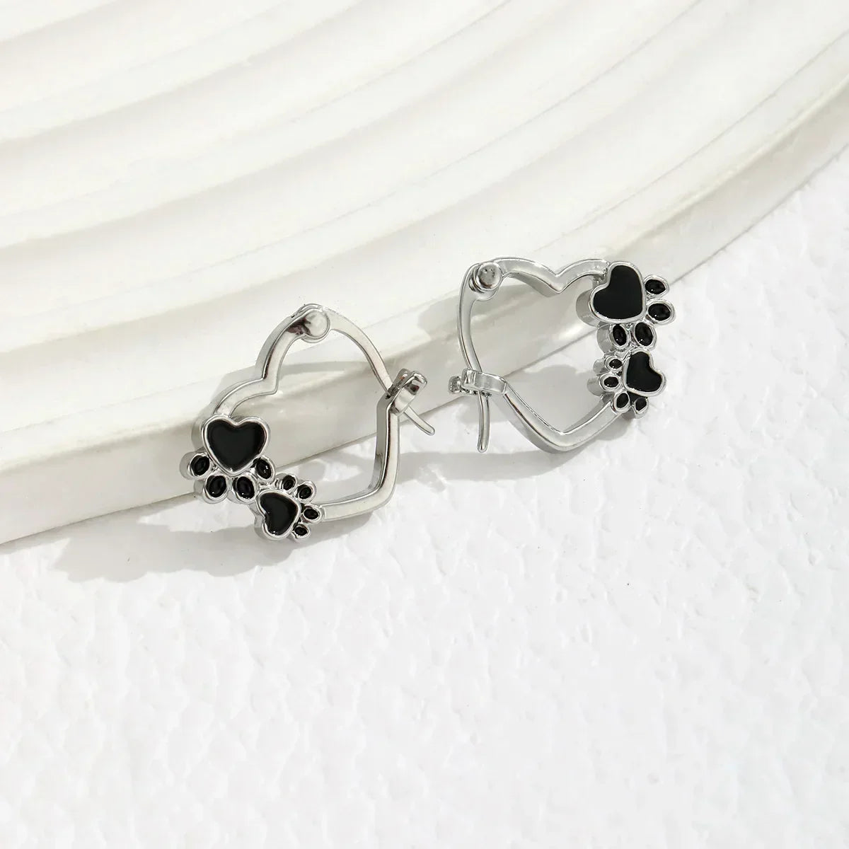 Heart Paw Huggie Earrings with Black Enamel