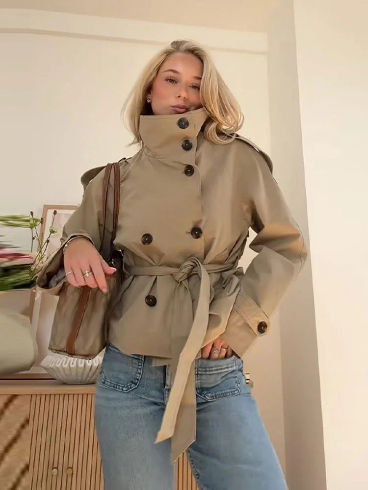 Verona Funnel Neck Belted Cropped Trench Jacket