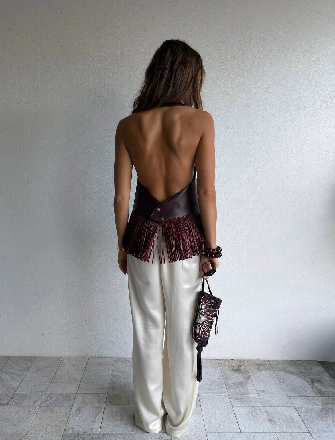 Delphine Faux Leather Fringe Halter Top