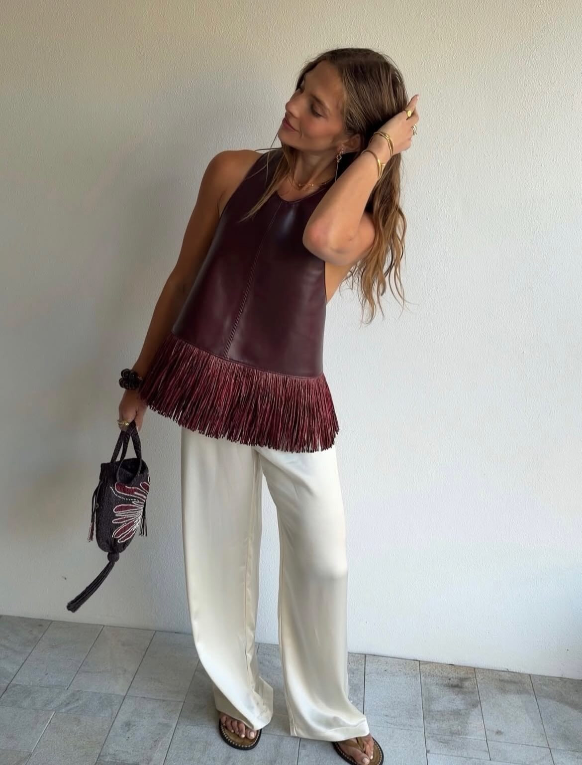 Delphine Faux Leather Fringe Halter Top