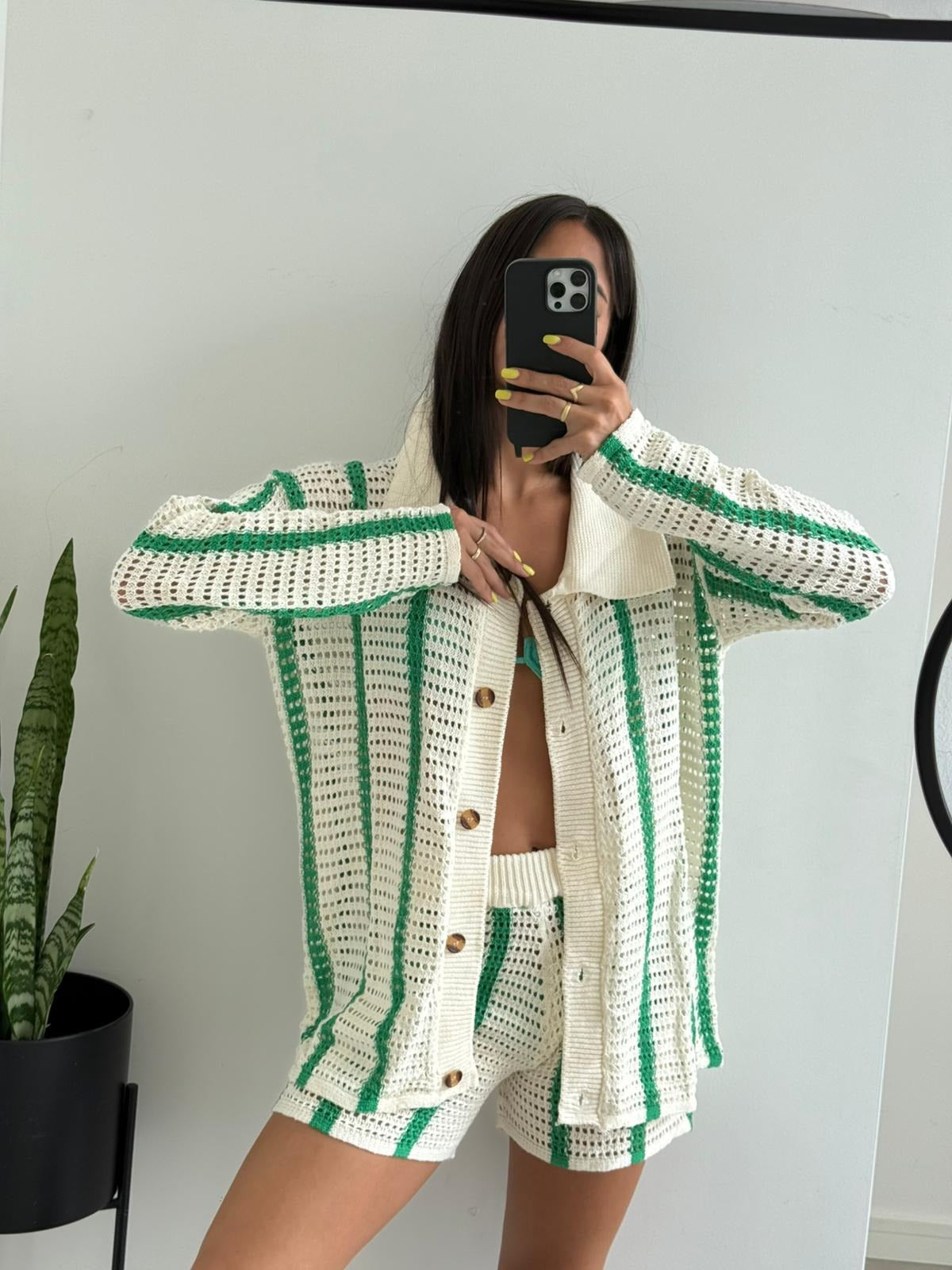 Camara Green Striped Crochet Shirt & Shorts Set