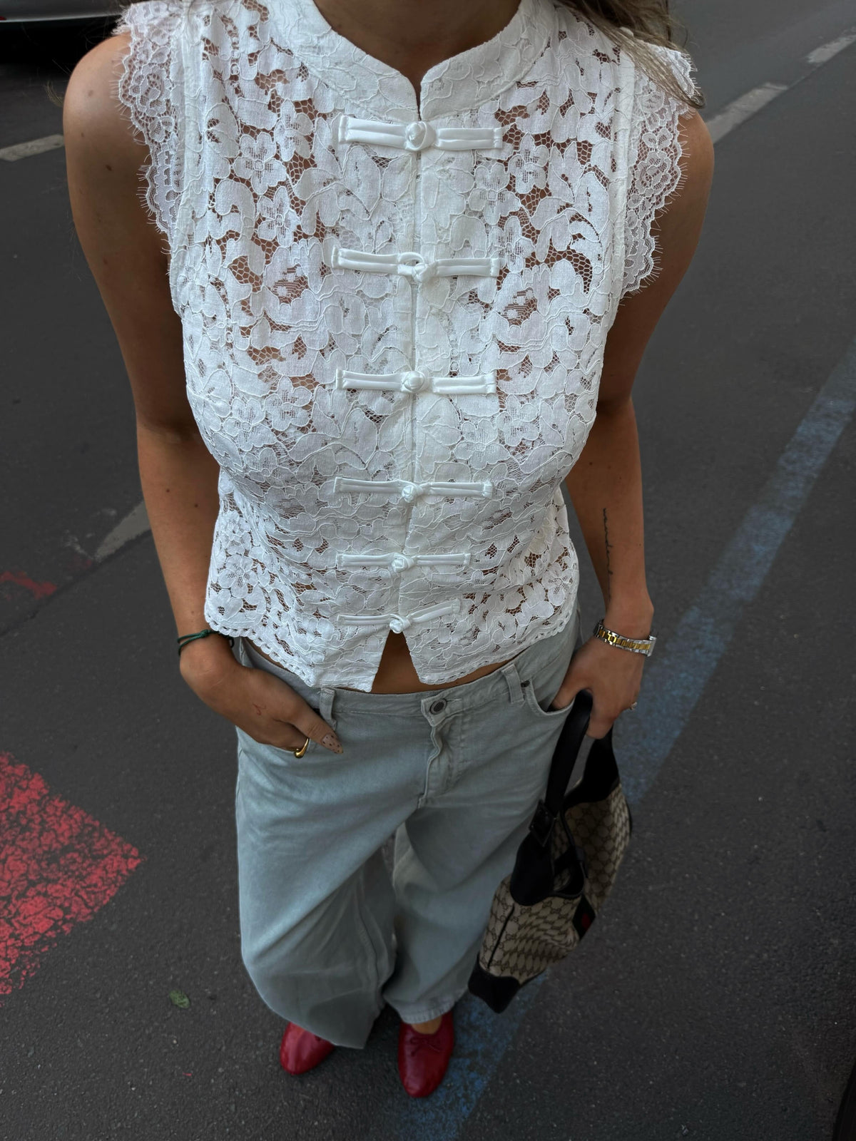 Vintage Century Mandarin Sleeveless Lace Top
