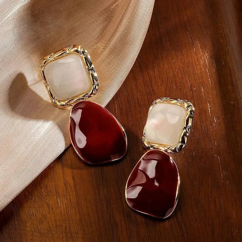 Gold Framed Mother of Pearl & Burgundy Earrings