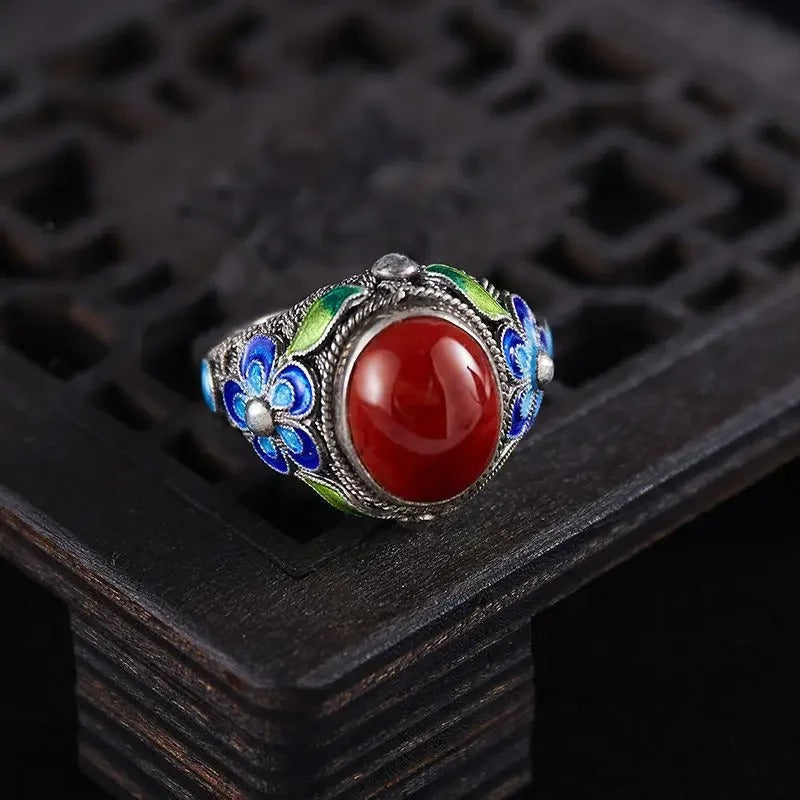 Vintage Silver Inlaid Southern Red Tourmaline Adjustable Ring
