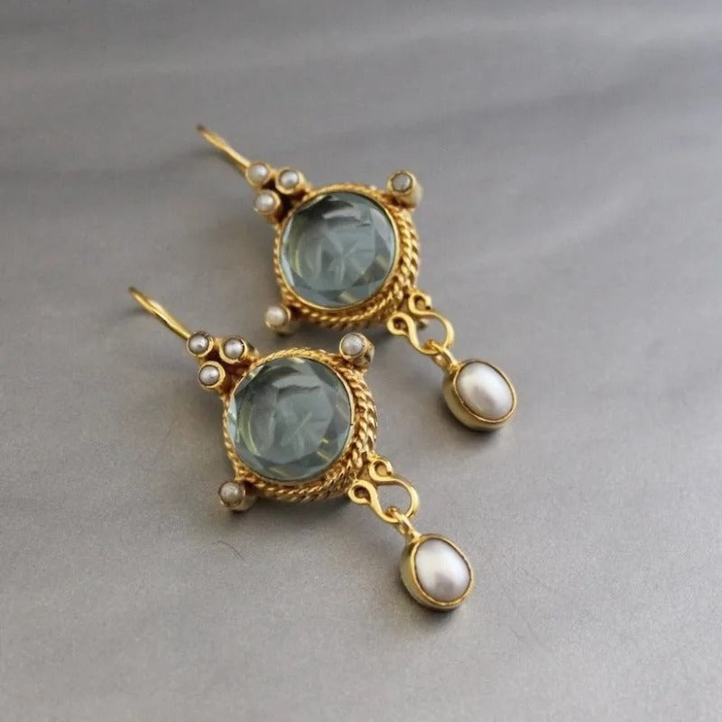 Vintage Blue Glass & Pearl Drop Earrings