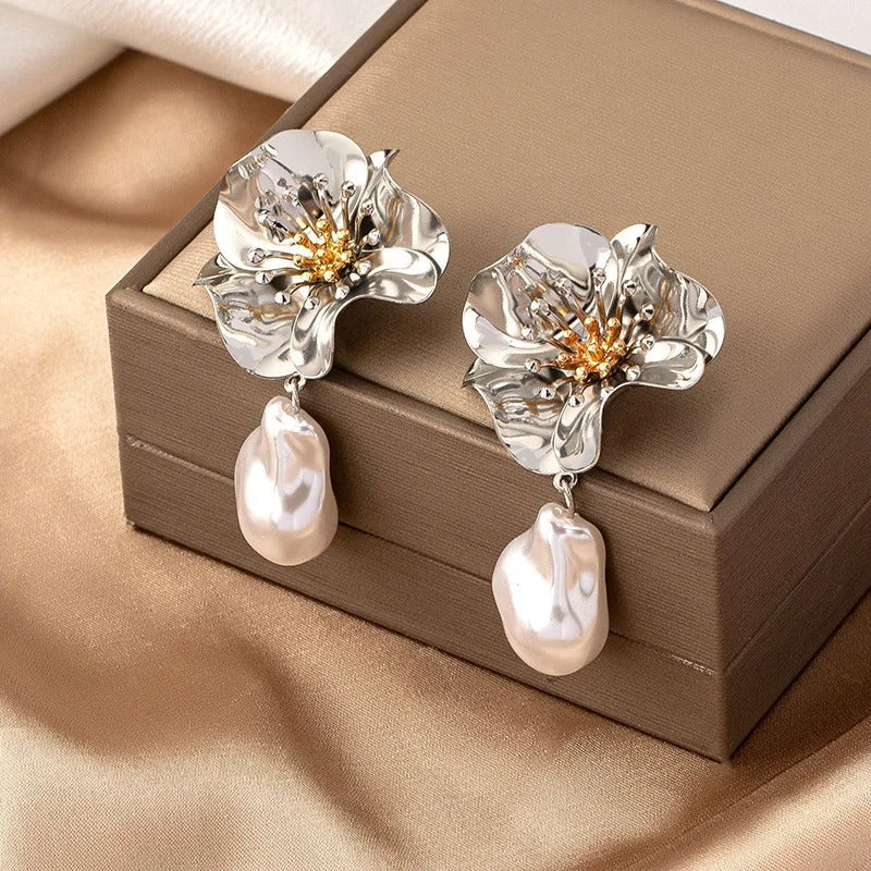 Vintage Silver Flower Pearl Drop Earrings