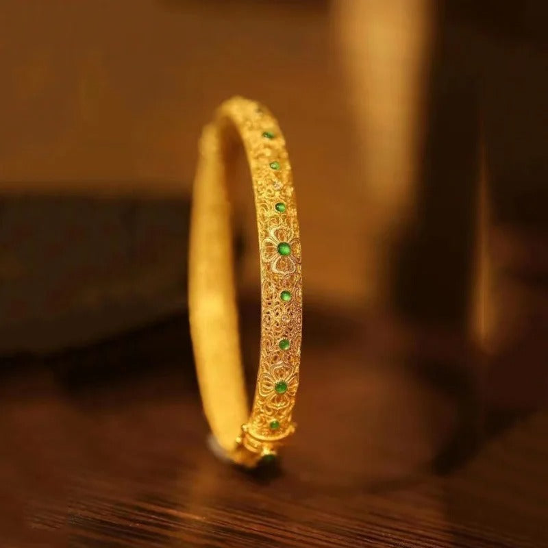 Ethnic Style Gold Green Gemstone & Floral Pattern Bangle Bracelet