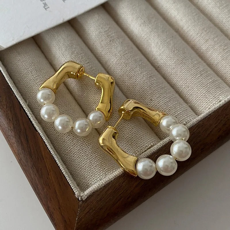 Vintage Gold & Pearl Beaded Hoop Earrings