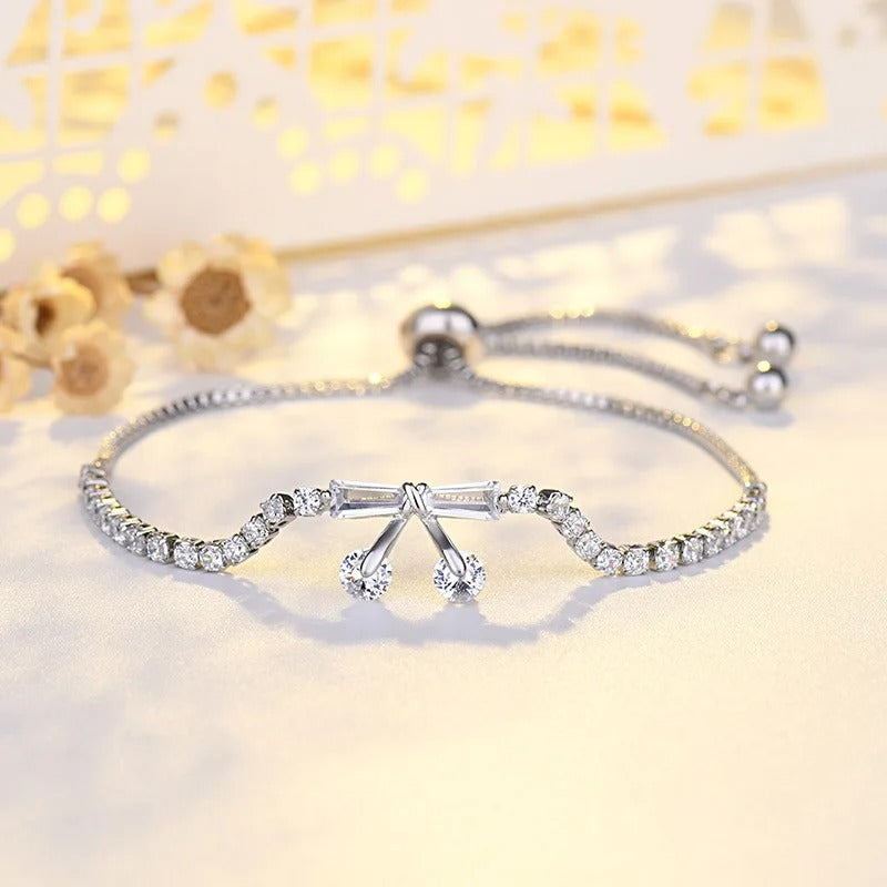 Vintage Silver Crystal Bow & Drop Pendant Bracelet