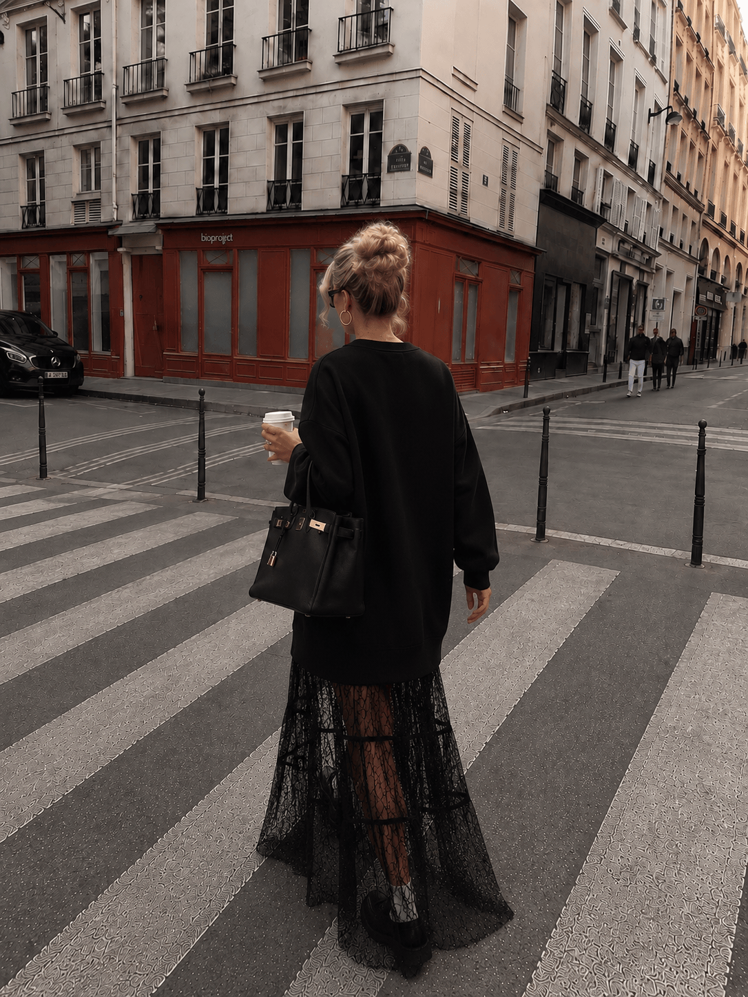 Diana Tricot Lace-Panel Oversized Sweater Dress