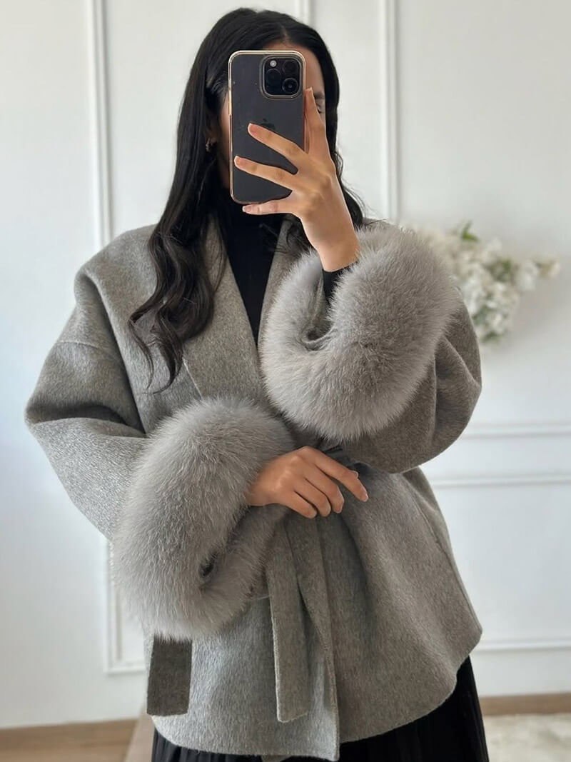 Diana Tricot Faux Fur Cuff Belted Coat
